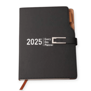 Executive 2025 Daily Planner: Black PU Leather, Tan Accents, Metal Clasp | Bulk Corporate Orders